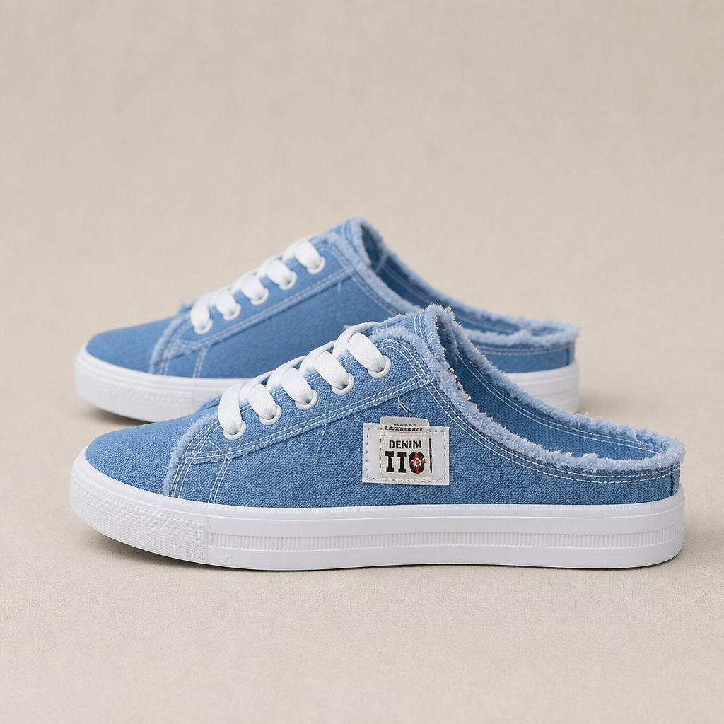 StridePulse™ – Casual Denim Mules with Frayed Edge Sneakers