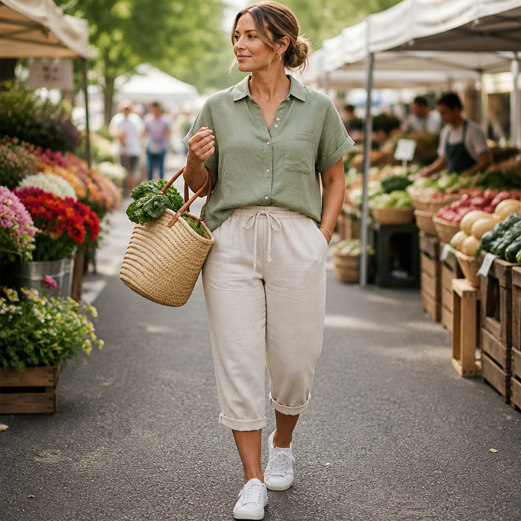 SenseLuxe™ – Lightweight Cotton-Linen Capri Pants Featuring Rolled Cuffs
