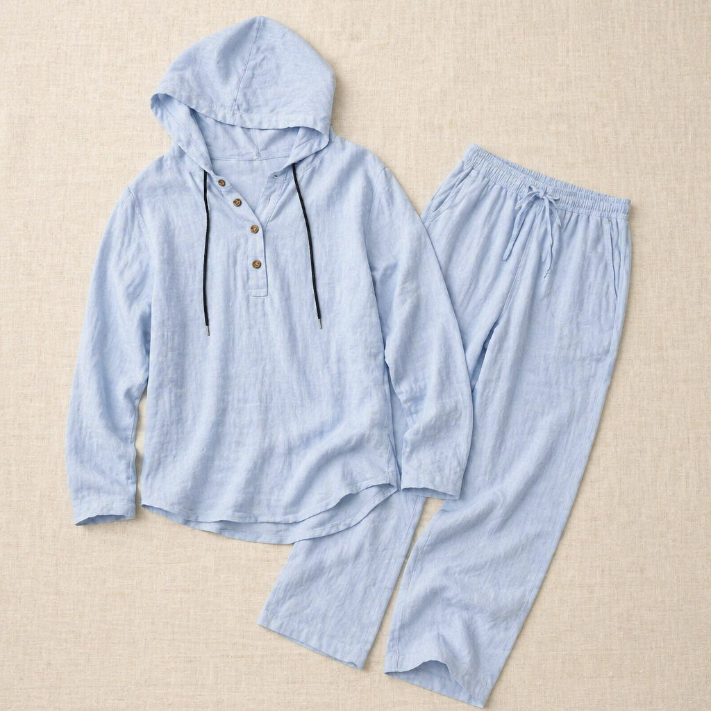 Drakescape™ – Casual Hooded Linen Henley Shirt & Pants Ensemble