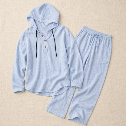 Drakescape™ – Casual Hooded Linen Henley Shirt & Pants Ensemble