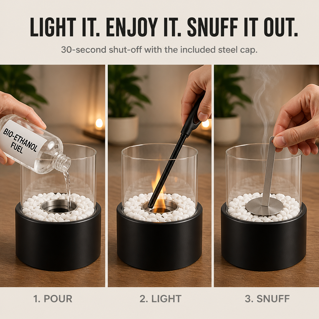 GlideCore™ — Transform Any Table into a Warm Real-Flame Focal Point in 10 Seconds