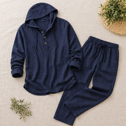 Drakescape™ – Casual Hooded Linen Henley Shirt & Pants Ensemble