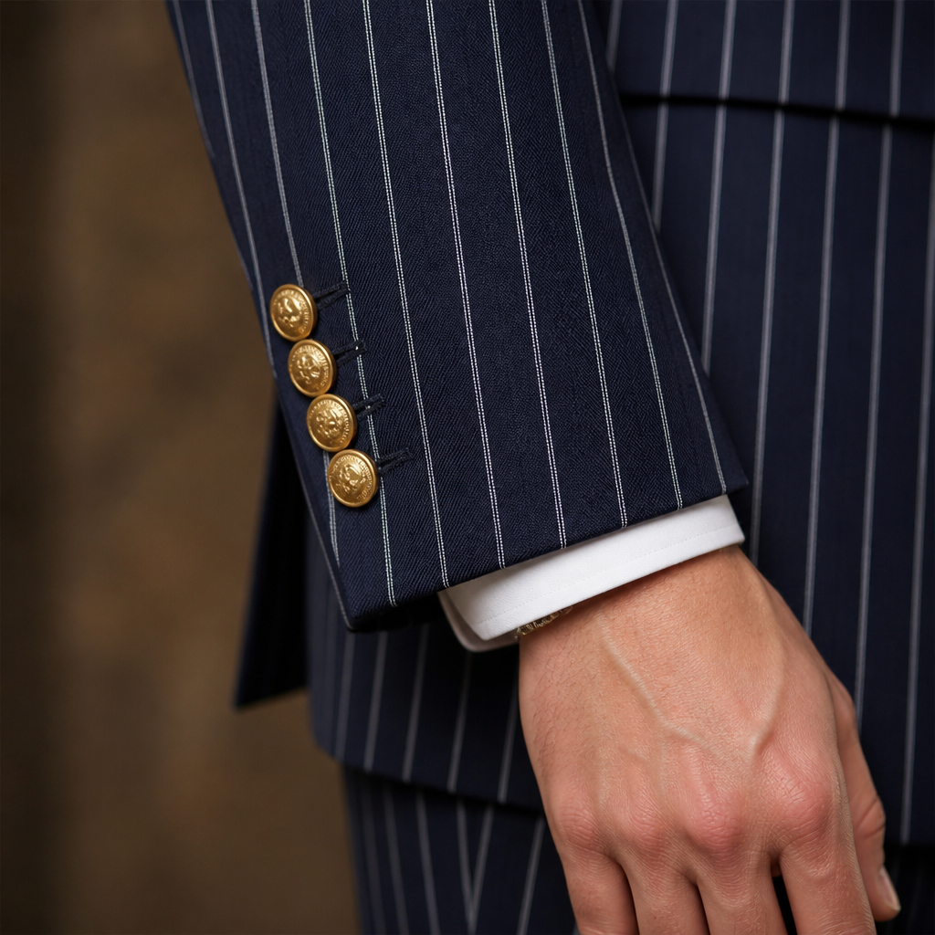 Voltura™ – Double-Breasted Pinstripe Suit with Peaked Lapels