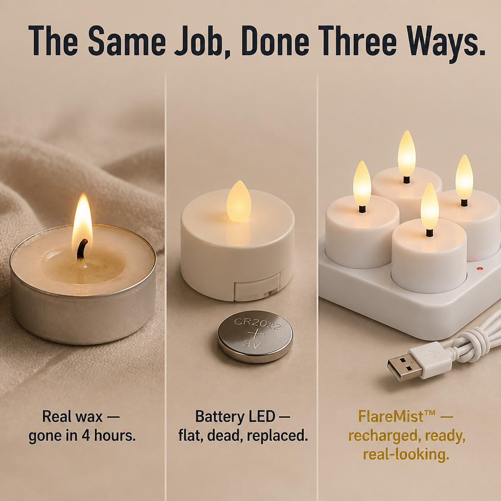 FlareMist™ — Instantly Recharge Twelve Authentic Flames with a Single Plug-In