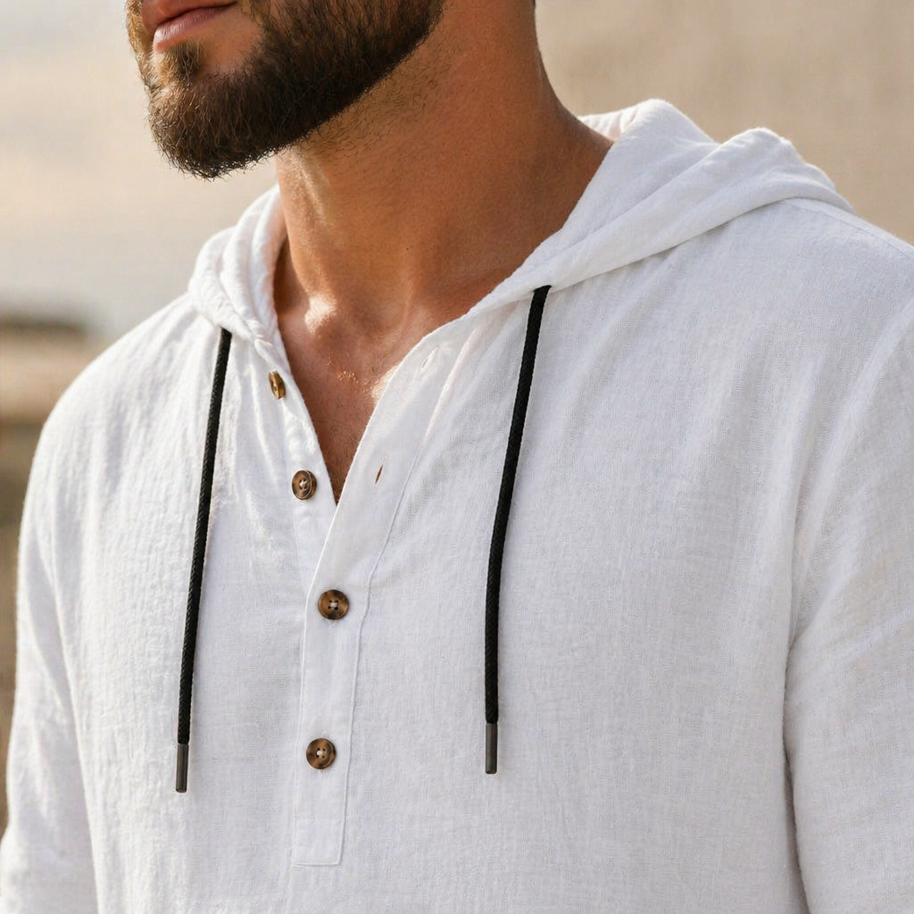 Drakescape™ – Casual Hooded Linen Henley Shirt & Pants Ensemble