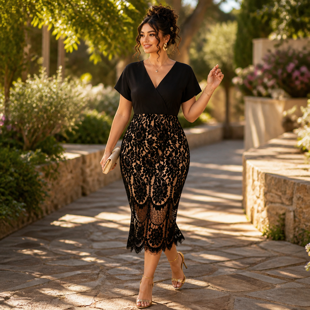 AriaLuxe™ – Lace Midi Dress with V-Neck Wrap Bodice, Curve-Enhancing