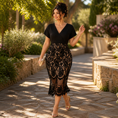 AriaLuxe™ – Lace Midi Dress with V-Neck Wrap Bodice, Curve-Enhancing