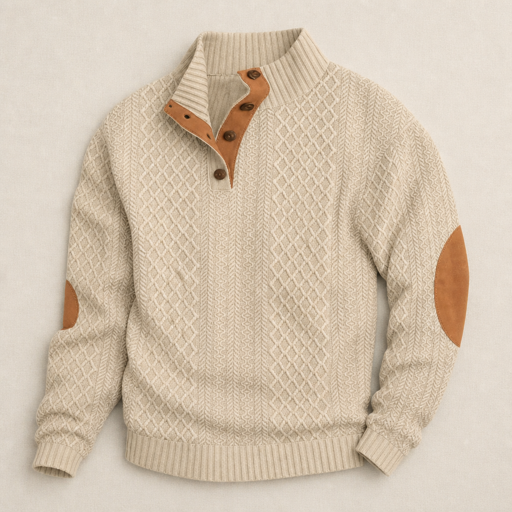 AtlasForge™ – Jacquard Textured Stand-Collar Sweater Featuring Elbow Patches