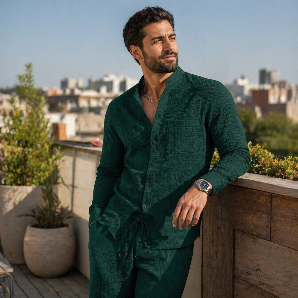 AnyWear™ – Comfortable Waffle-Knit Shirt and Pants Set with Mandarin Collar