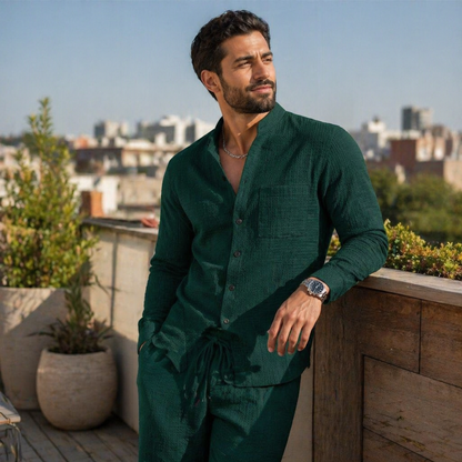AnyWear™ – Comfortable Waffle-Knit Shirt and Pants Set with Mandarin Collar