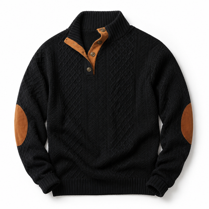 AtlasForge™ – Jacquard Textured Stand-Collar Sweater Featuring Elbow Patches