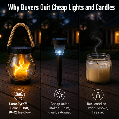 LumaFyre™ — Illuminate Your Patio All Night Solar-Powered, No Wires or Wax