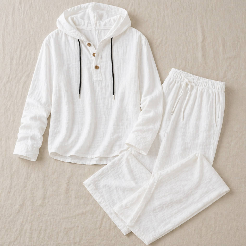 Drakescape™ – Casual Hooded Linen Henley Shirt & Pants Ensemble