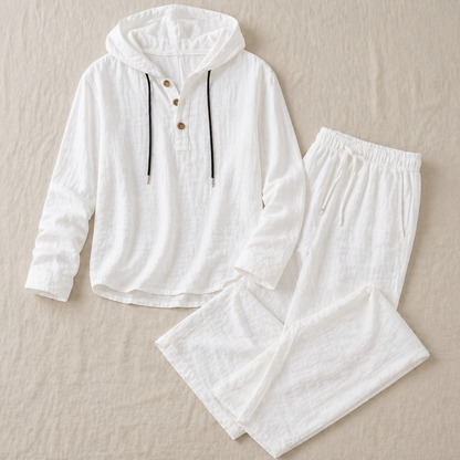 Drakescape™ – Casual Hooded Linen Henley Shirt & Pants Ensemble