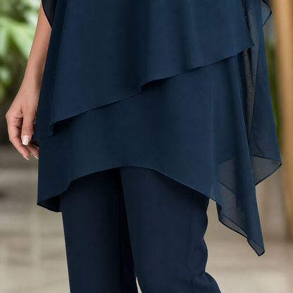 VeloraFit™ – Stylish Asymmetric Chiffon Two-Part Pant Ensemble