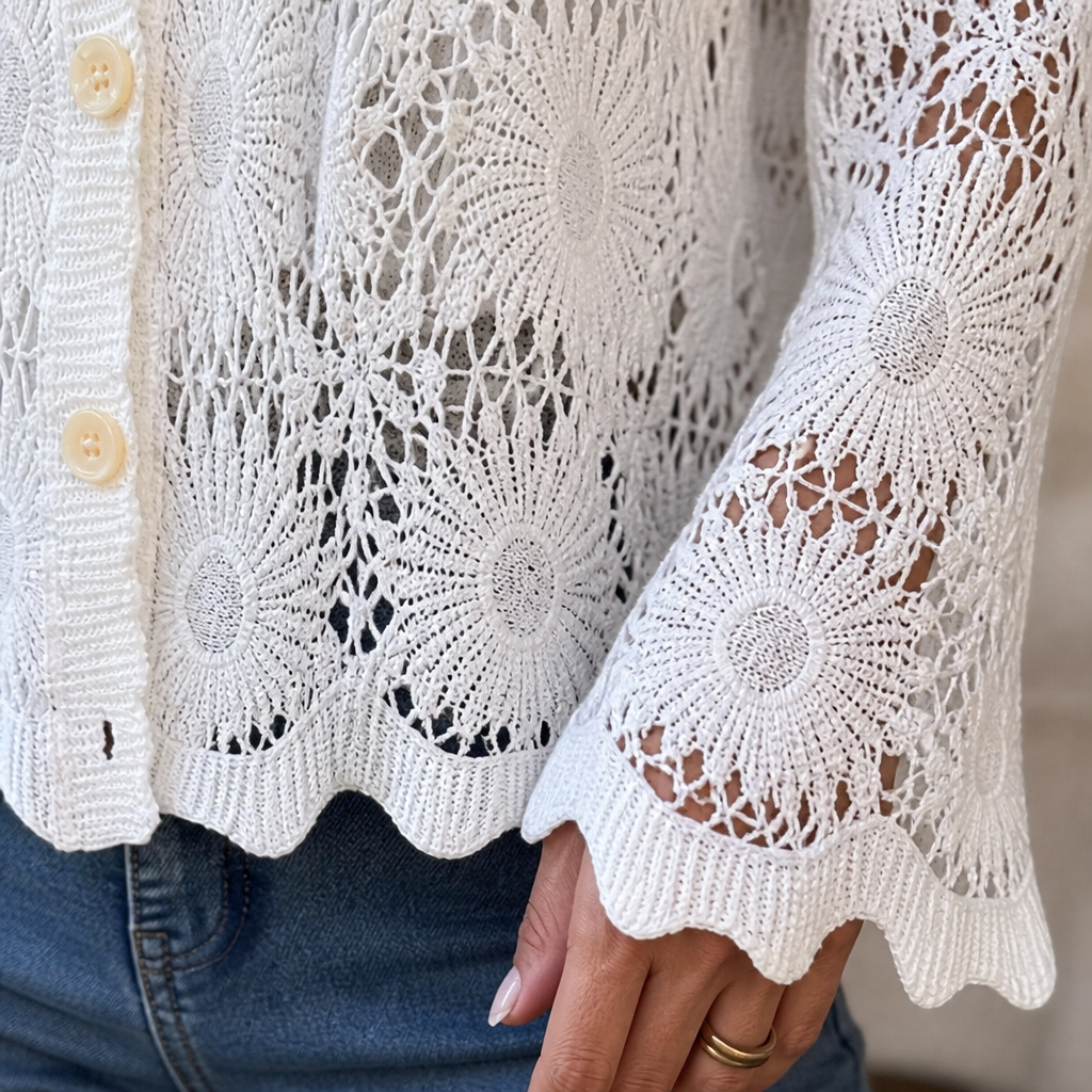 DeloraLace™ – Romantic Crochet Lace Top with Buttons and Scalloped Hem
