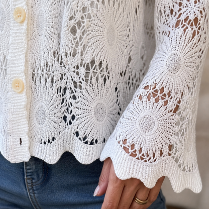 DeloraLace™ – Romantic Crochet Lace Top with Buttons and Scalloped Hem