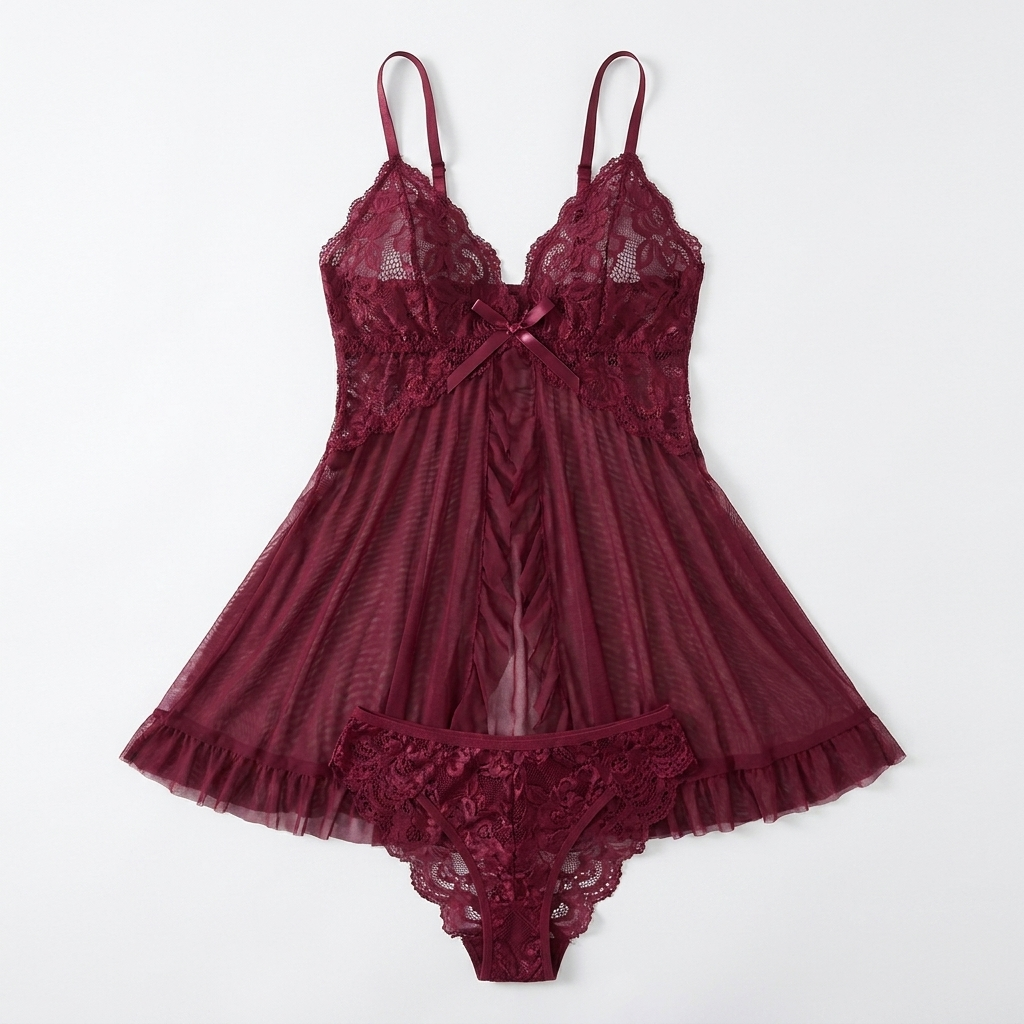 Soirée™ – Lace V-Neck Babydoll Set Featuring Sheer Mesh Skirt