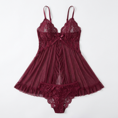 Soirée™ – Lace V-Neck Babydoll Set Featuring Sheer Mesh Skirt