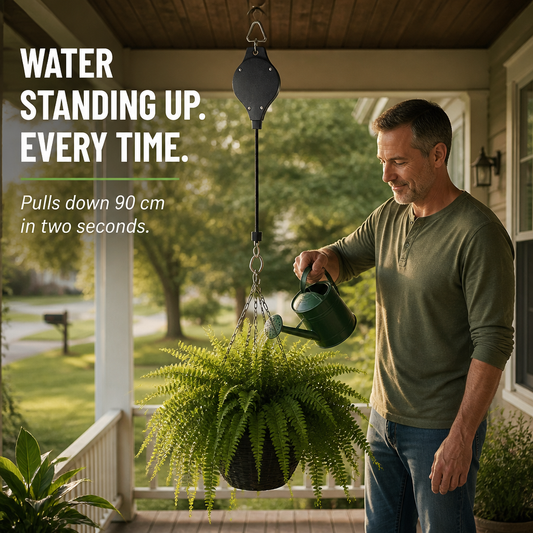 FlexiGroove™ — Hanging Baskets from Chest Level Down for Ladder-Free Watering