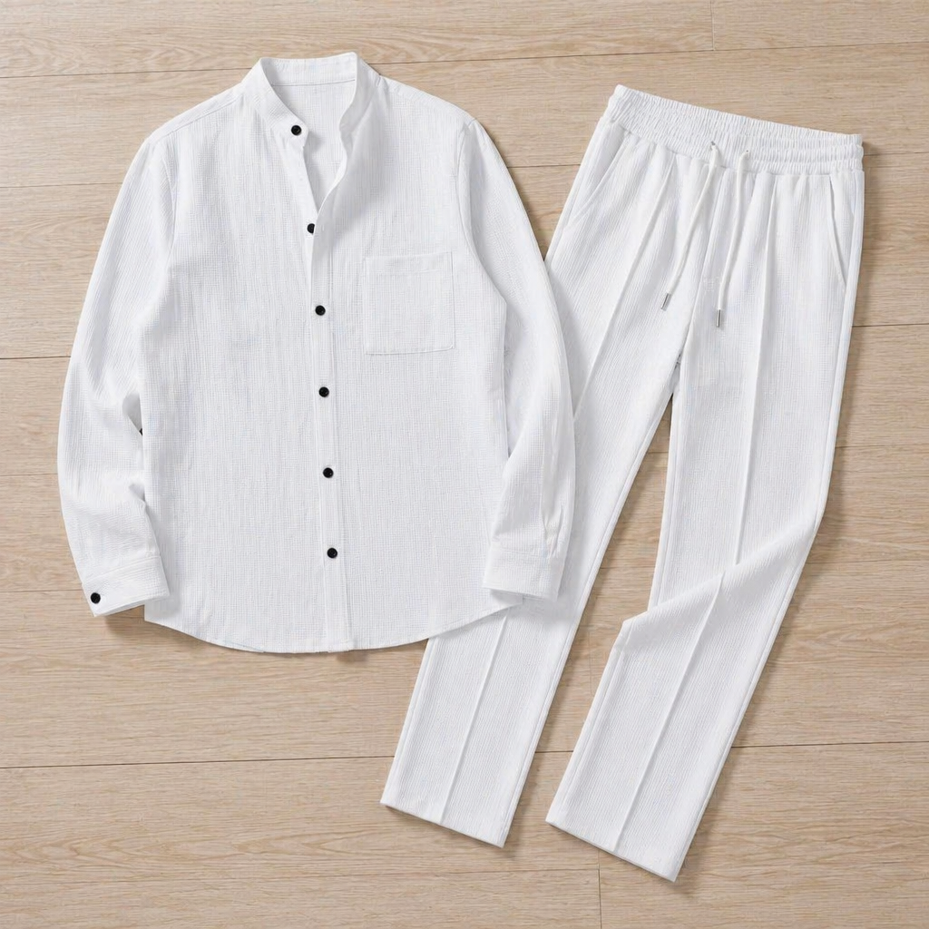 AnyWear™ – Comfortable Waffle-Knit Shirt and Pants Set with Mandarin Collar