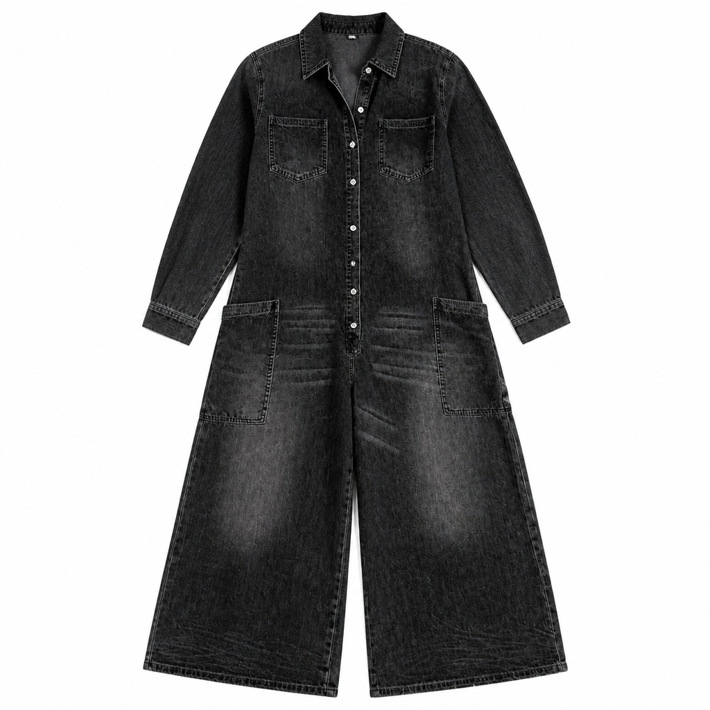 Flowease™ – Comfortable Wide-Leg Denim Jumpsuit Featuring Button-Front Top