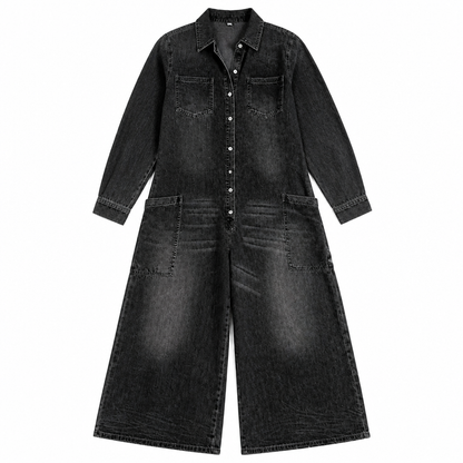Flowease™ – Comfortable Wide-Leg Denim Jumpsuit Featuring Button-Front Top
