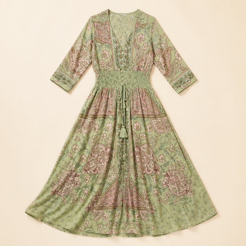 Mirella™ – Bohemian Paisley V-Neck Maxi Dress Featuring a Smocked Waist