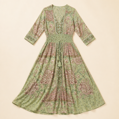 Mirella™ – Bohemian Paisley V-Neck Maxi Dress Featuring a Smocked Waist