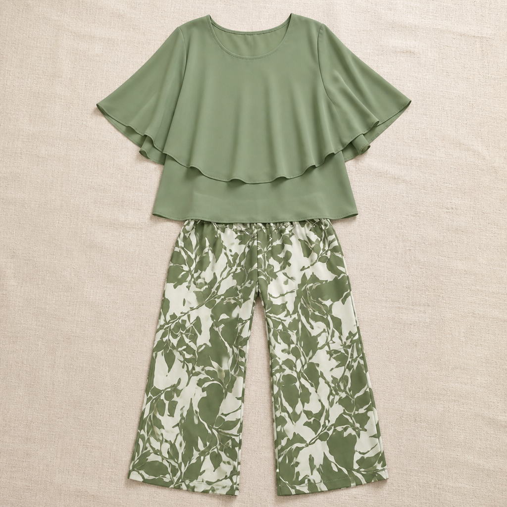 Flexara™ – Chic Layered Chiffon Blouse and Wide-Leg Patterned Pant Set