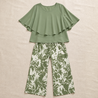 Flexara™ – Chic Layered Chiffon Blouse and Wide-Leg Patterned Pant Set