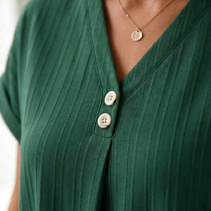 Veloria™ – Casual Ribbed V-Neck Shift Dress Featuring Button Detail