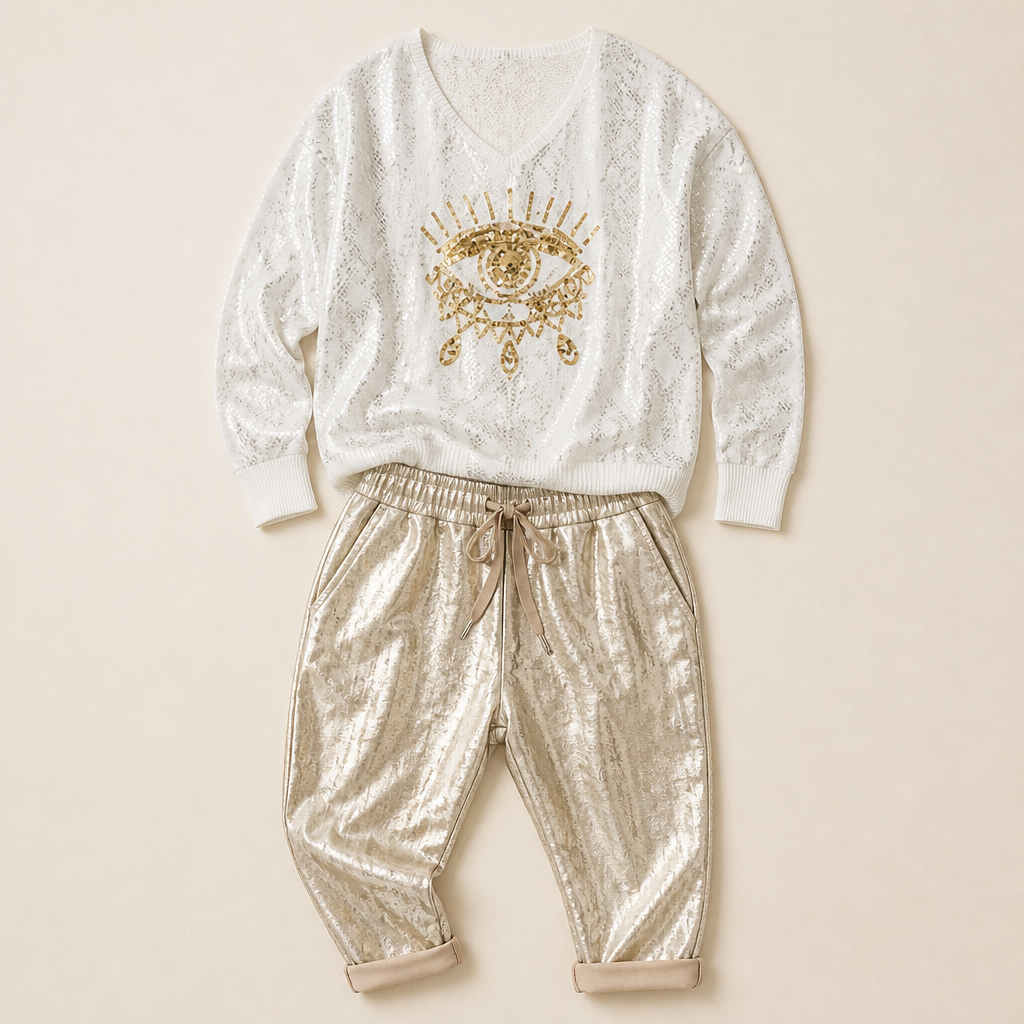 LumaPulse™ – Sequined Eye Top Paired with Metallic Drawstring Pants Set
