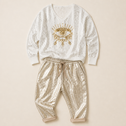 LumaPulse™ – Sequined Eye Top Paired with Metallic Drawstring Pants Set