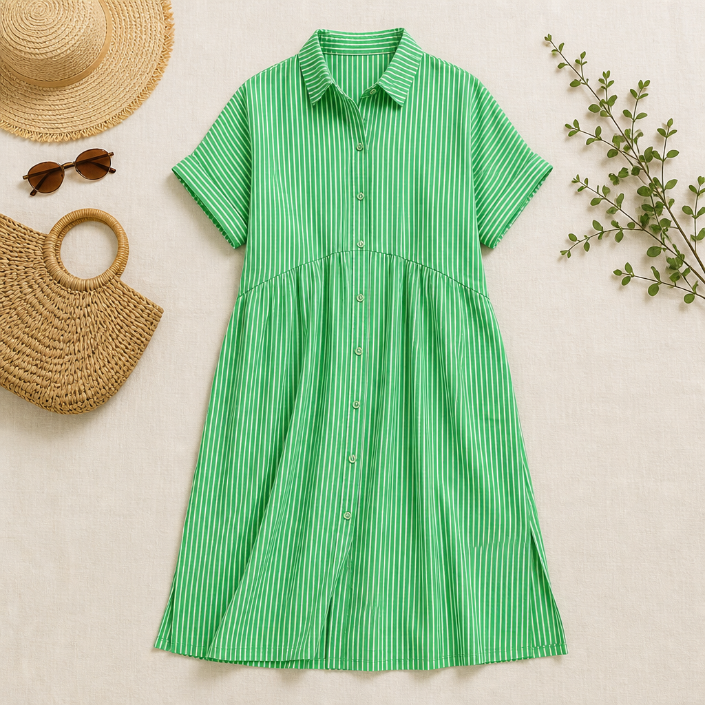 LunaVerve™ – Airy Striped Midi Shirt Dress with Button Front