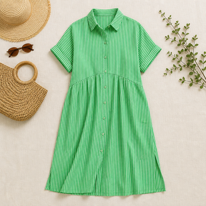 LunaVerve™ – Airy Striped Midi Shirt Dress with Button Front