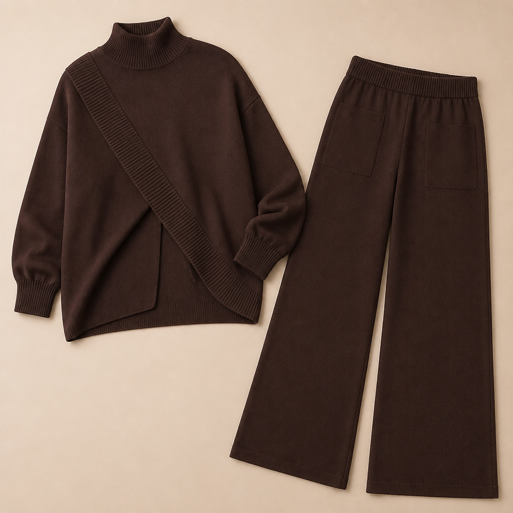 CelestiaKnit™ – Asymmetric Oversized Knit Set with Wide-Leg Trousers
