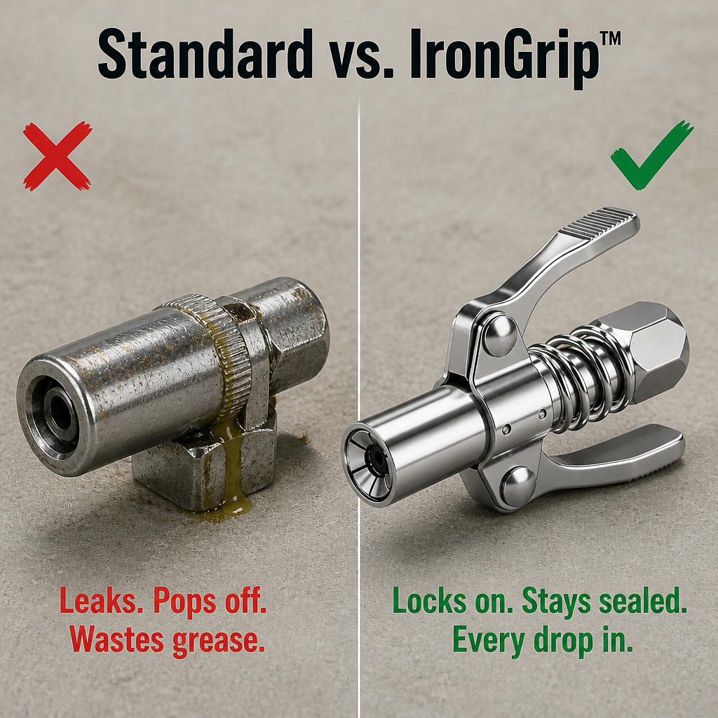 IronGrip™ — Hands-Free Lock on the Zerk and Pump Grease