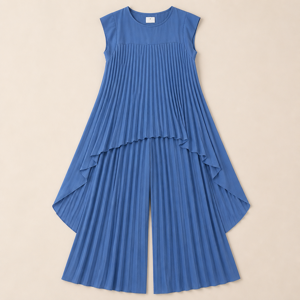 NovaLuma™ – Draped Pleated Two-Piece Outfit with Asymmetric Hem