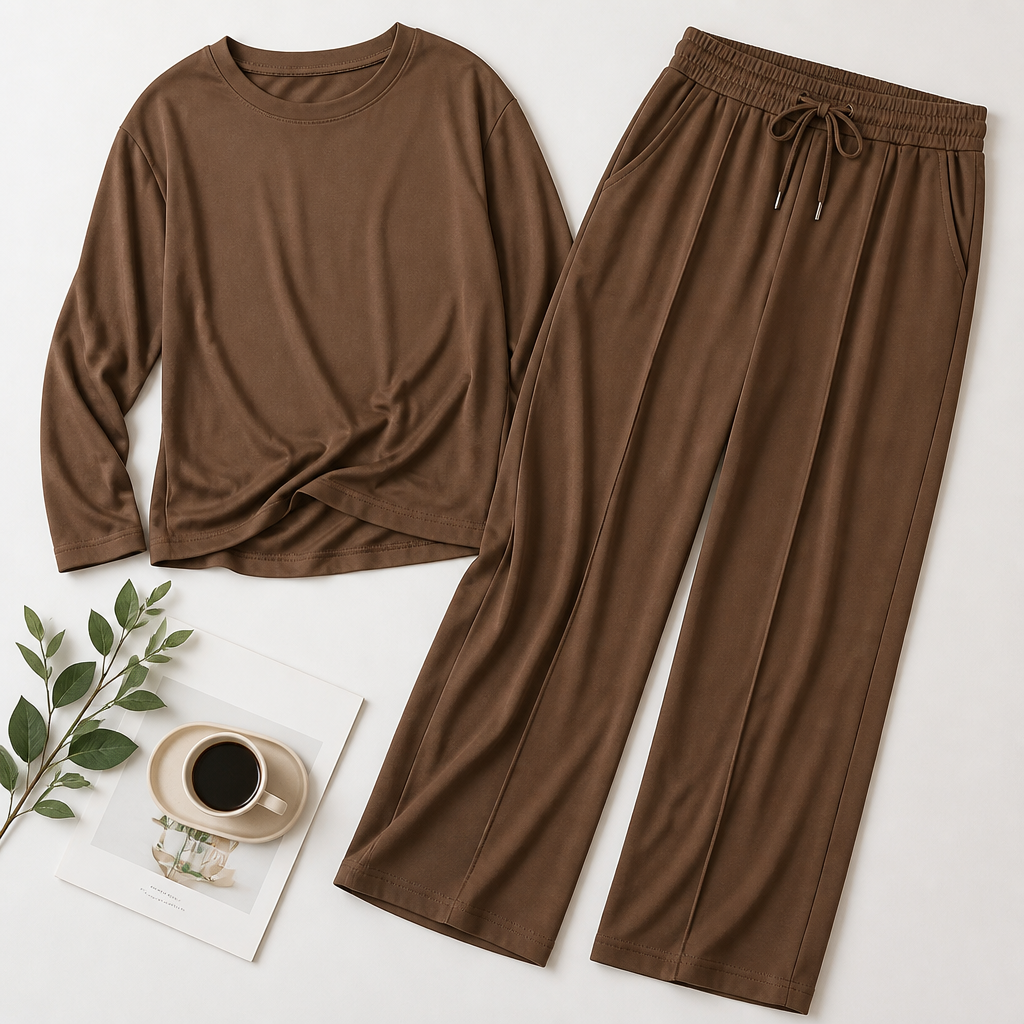 ElysianEase™ – Comfortable Long Sleeve Shirt & Wide-Leg Trousers Set