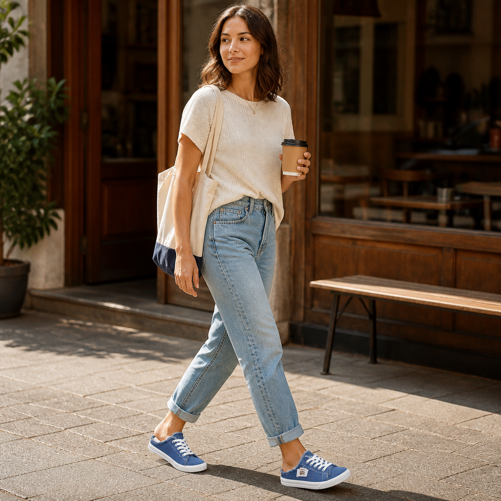 StridePulse™ – Casual Denim Mules with Frayed Edge Sneakers