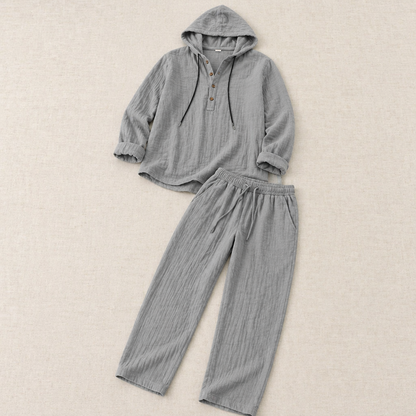Drakescape™ – Casual Hooded Linen Henley Shirt & Pants Ensemble