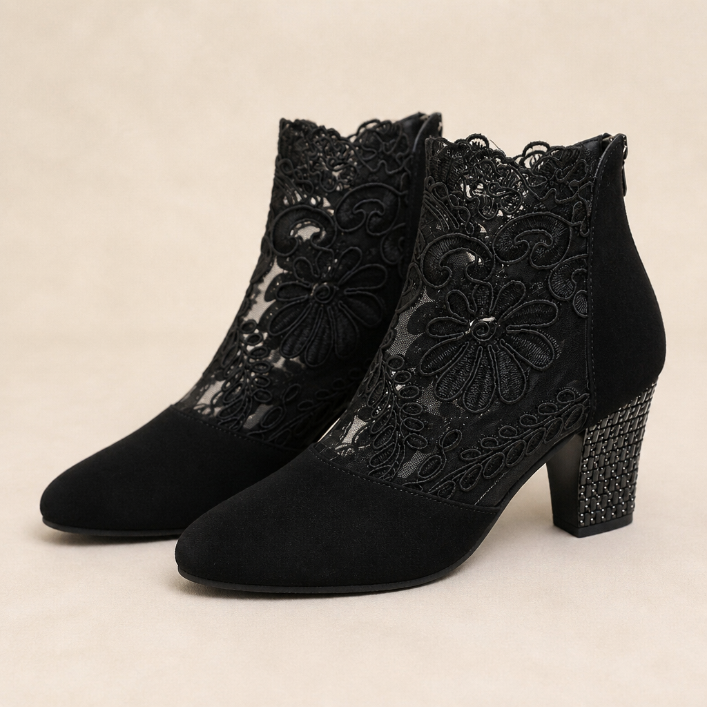 SerenLace™ Floral Lace Block Heel Ankle Boots — Feel Stunningly Stylish and Comfortable All Day Long