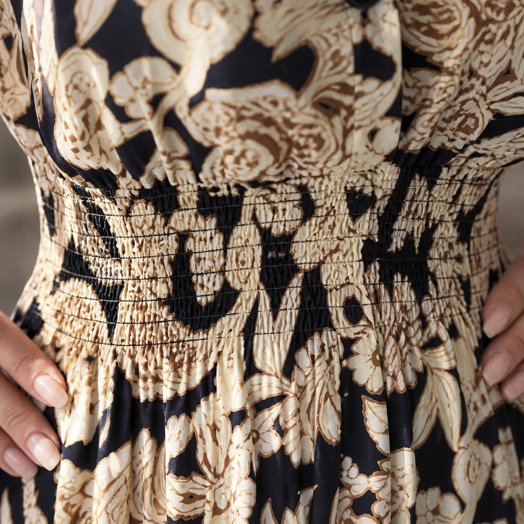 BloomAura™ – Retro Block-Print Shirt Dress Featuring Smocked Waist