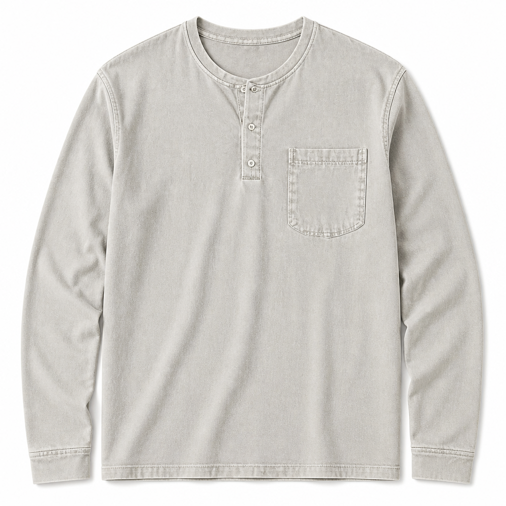 VeroVibe™ – Retro Washed Long Sleeve Henley Featuring Chest Pocket