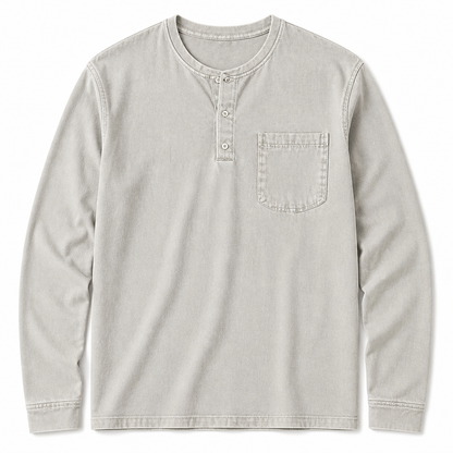 VeroVibe™ – Retro Washed Long Sleeve Henley Featuring Chest Pocket