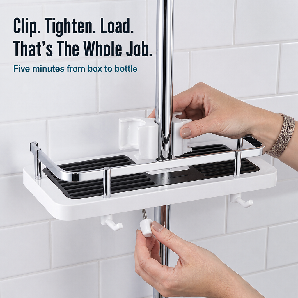 AquaNest™ — Snap a Single Adjustable Tray onto Your Shower Pipe, No Drilling