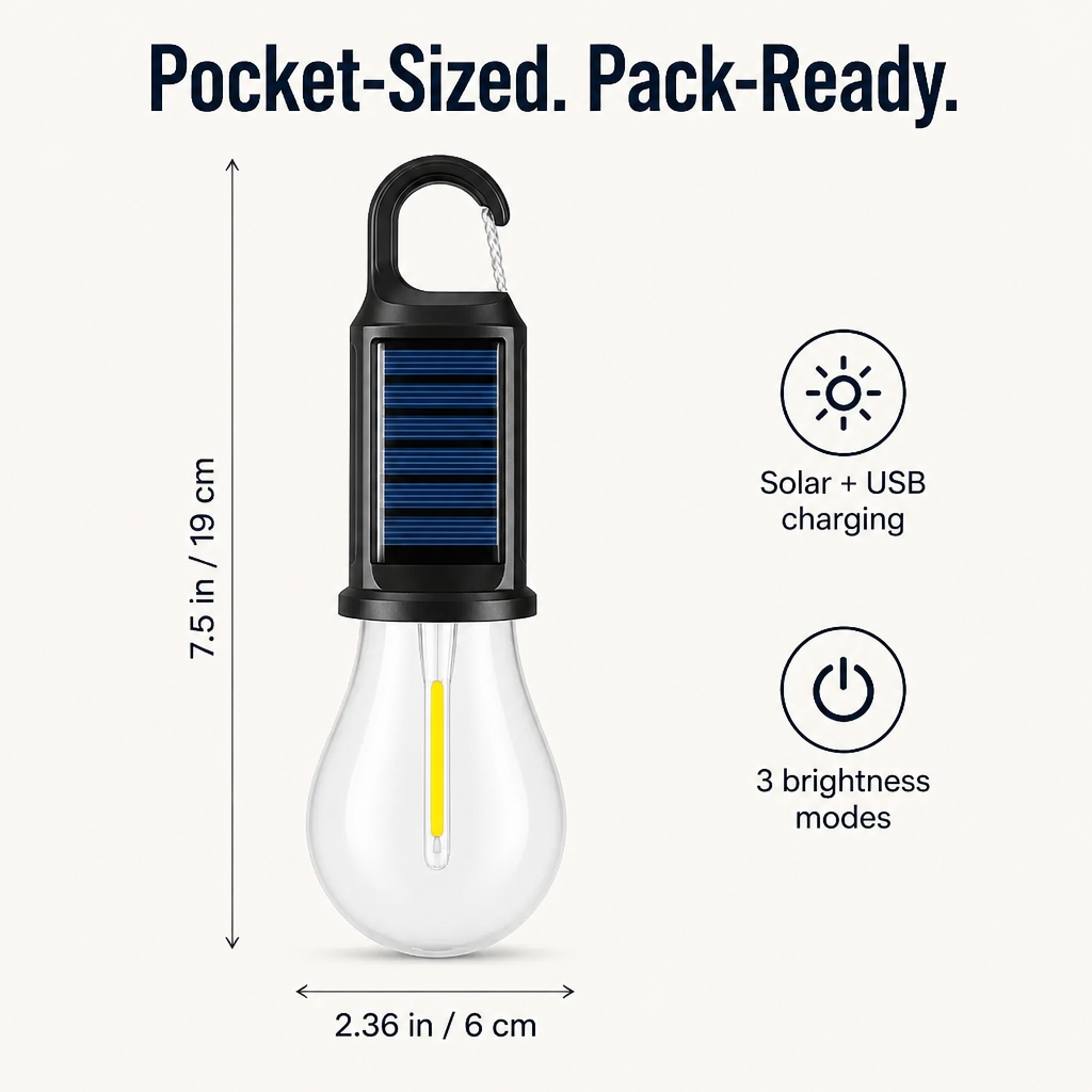 LumaVibe™ — Solar Clip-On Bulb Illuminates Entire Tent Overnight, Battery-Free