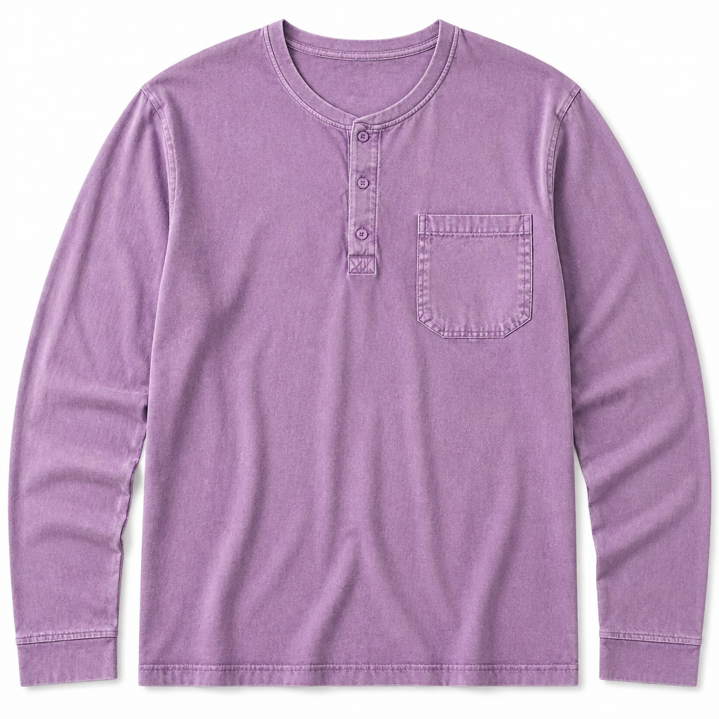 VeroVibe™ – Retro Washed Long Sleeve Henley Featuring Chest Pocket