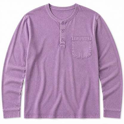 VeroVibe™ – Retro Washed Long Sleeve Henley Featuring Chest Pocket